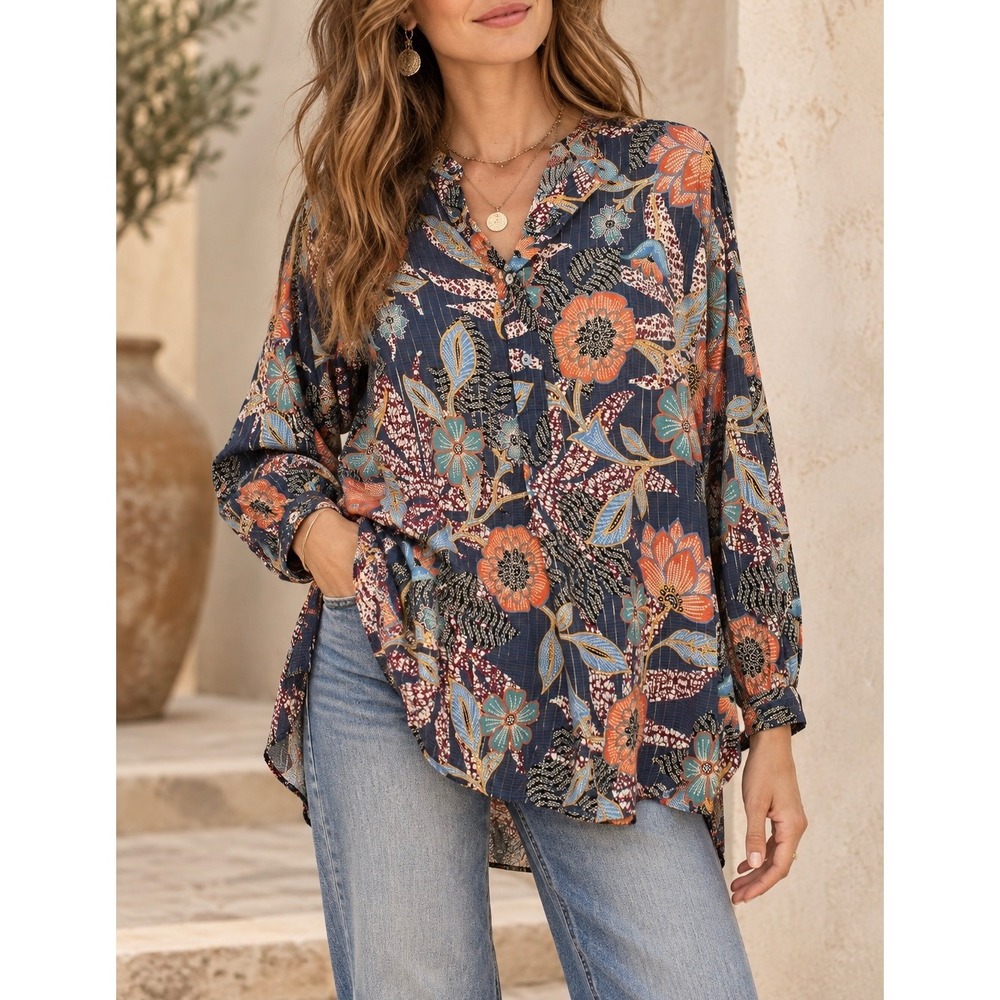 OVERLOVER x ANTHROPOLOGIE Floral Metallic Tunic Popover Blouse Top Made in USA